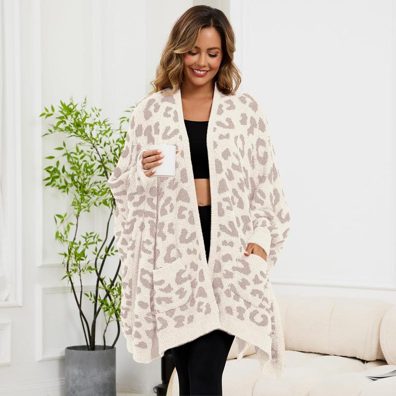 Oresa White Leopard wearable blanket with flowing side slits and front pockets